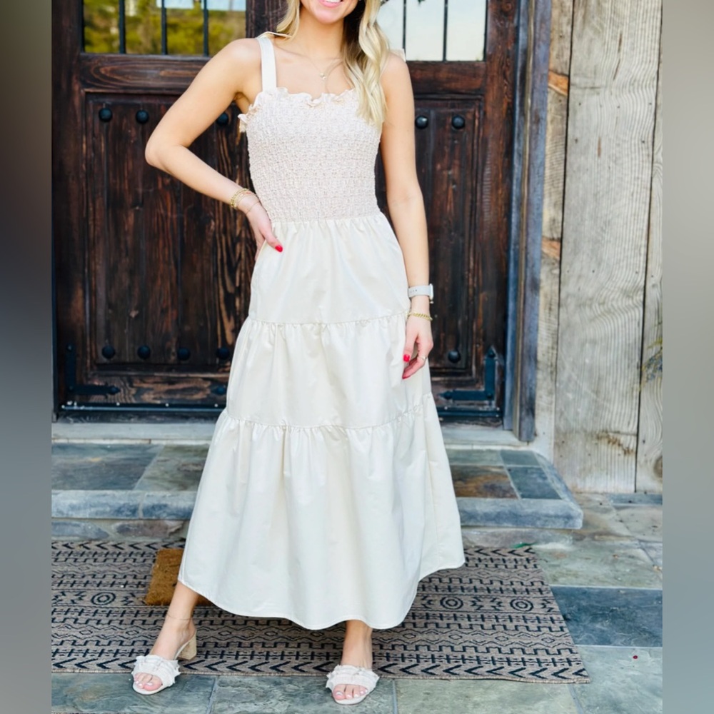 THML Ribbon Tie Sleeveless Tiered Midi Dress